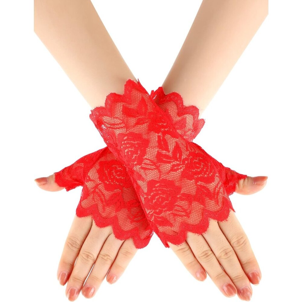 Women's Red Floral Short Lace Fingerless Gloves Wedding Party Accessories